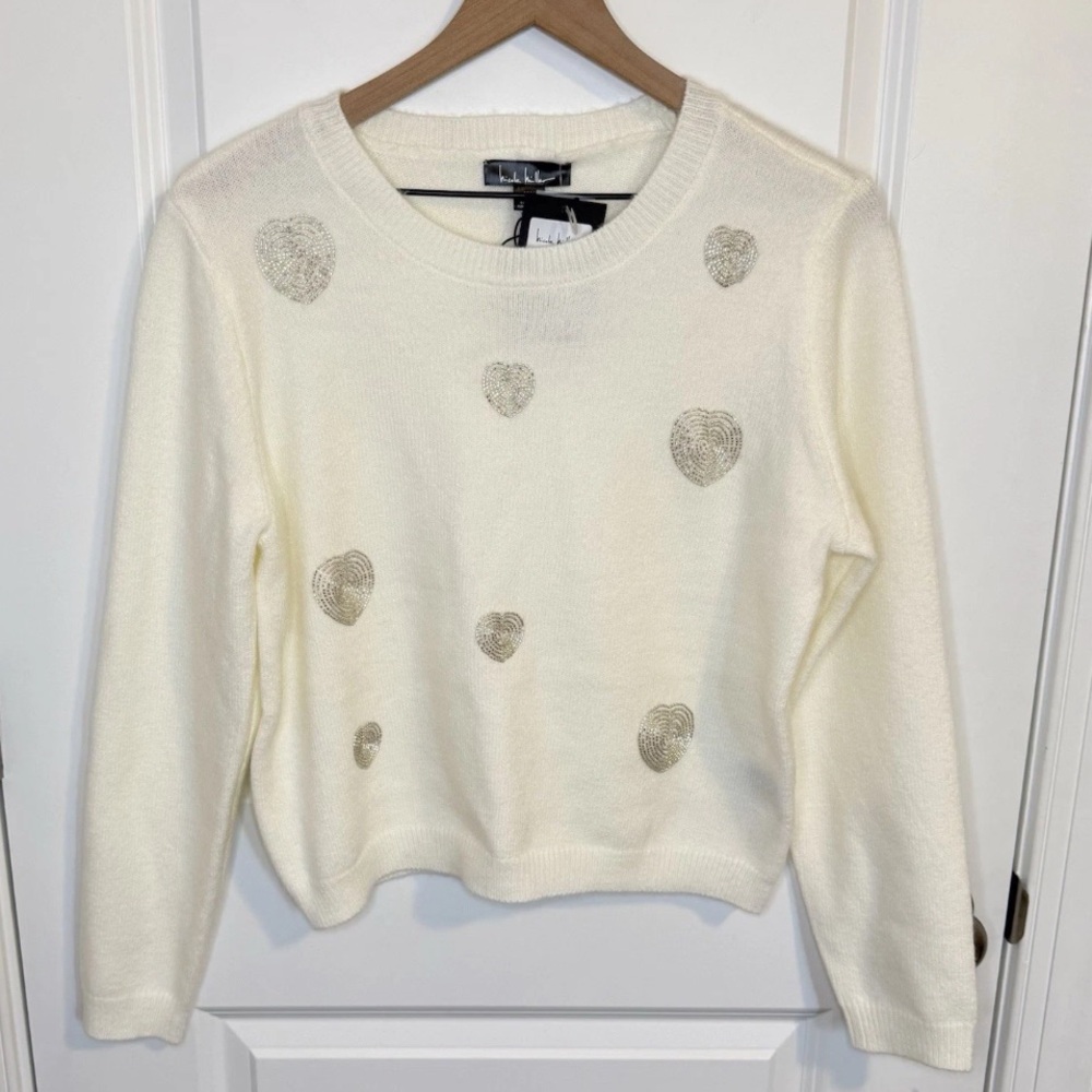 Nicole Miller Ivory Sweater with Silver Beaded Hearts